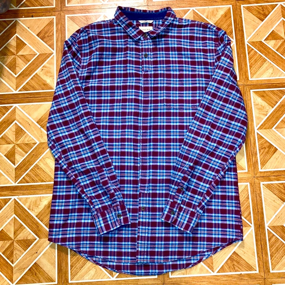 Jachs Burgundy Aqua Blue & White Plaid Button Down Flannel Shirt Men Size 2XL.